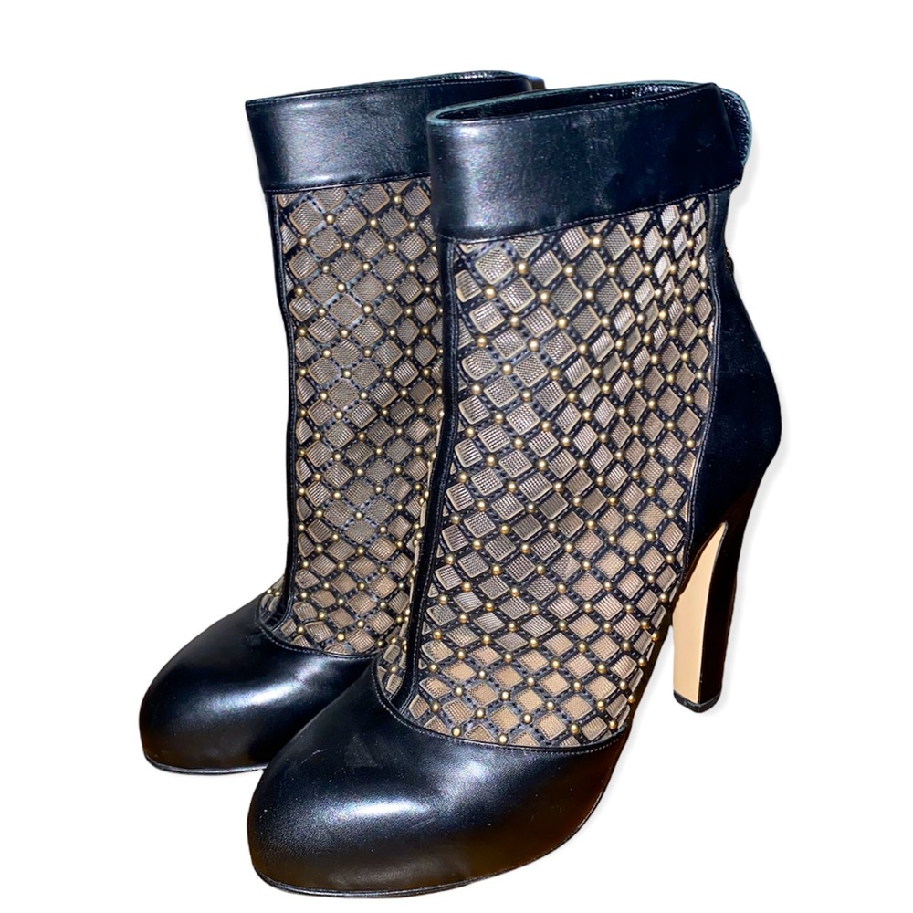 Valentino Gold Stud Leather & Mesh Zip Boots/Booties